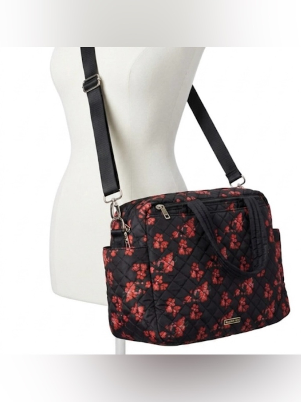 Madden Girl Black Quilted Shoulder Bag with Red Floral Print